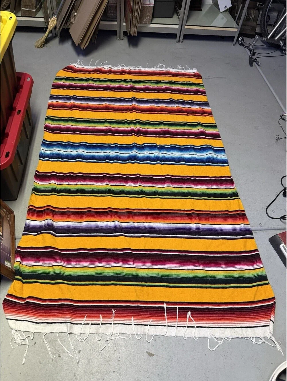 Vintage Mexican Serape Saltillo Style Blanket Rug 48x84 Multicolor Yellow Fringe
